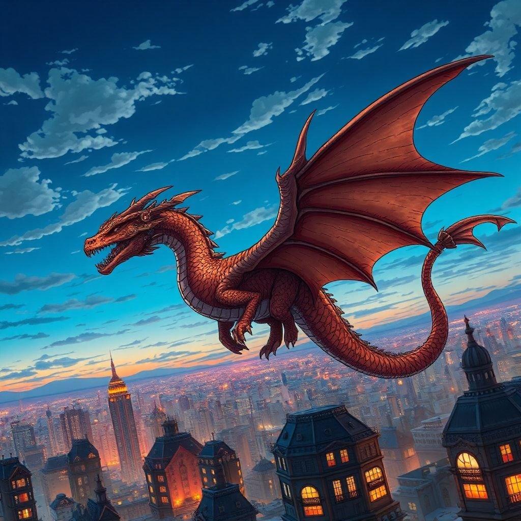 Este impresionante fondo de pantalla de estilo anime presenta un majestuoso dragón que vuela sobre un bullicioso paisaje urbano al atardecer. Los intrincados detalles del diseño del dragón y los colores vibrantes del cielo crean una experiencia visual cautivadora.