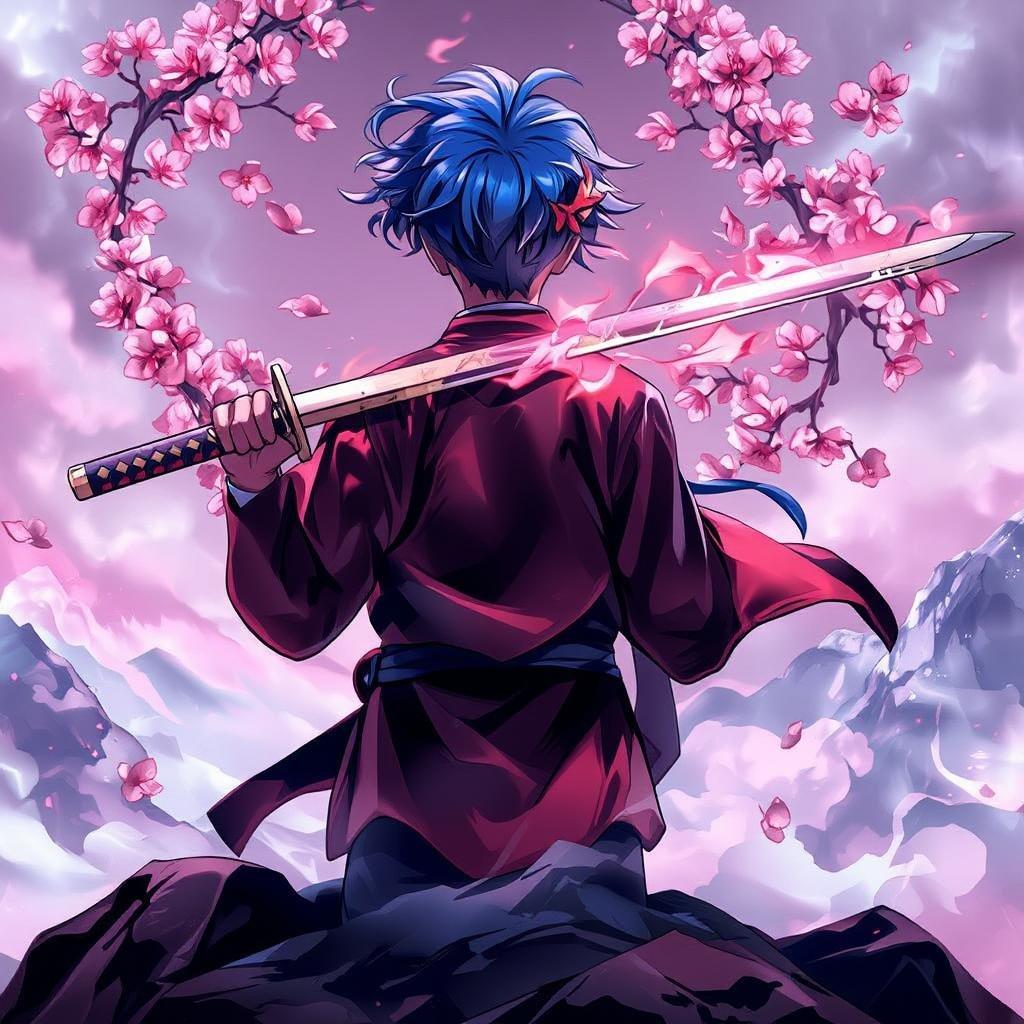 Step into a world of fantasy and adventure with this stunning anime wallpaper, featuring a young warrior standing atop a misty mountain, surrounded by a kaleidoscope of pink cherry blossoms.