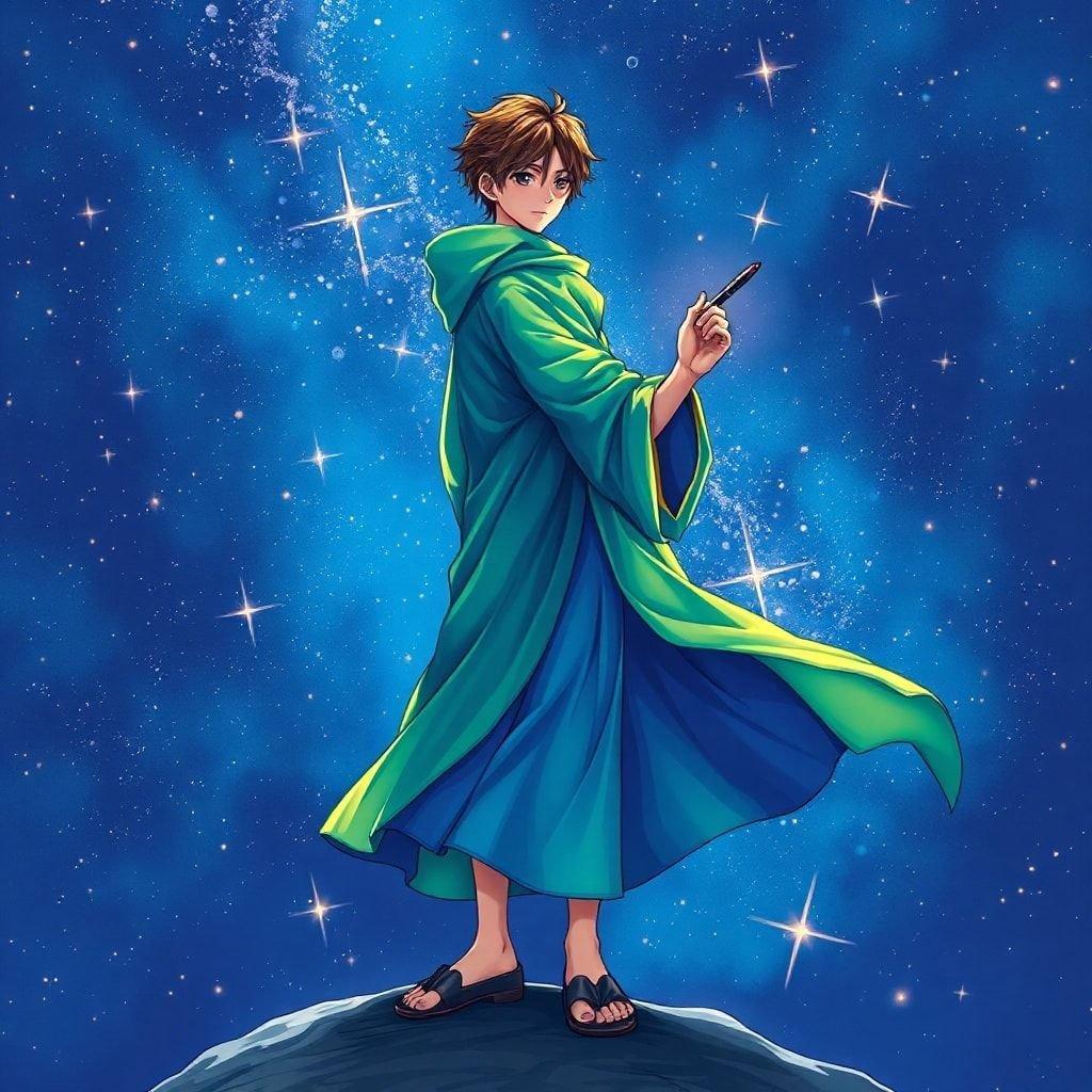 This captivating anime-style illustration showcases a young artist, dressed in a vibrant green and blue robe, standing on a cosmic canvas. The mysterious figure, clad in a white shirt, holds a pen, creating an intricate anime-style image. The deep blue background, adorned with a multitude of small stars, adds depth and visual interest to the scene.