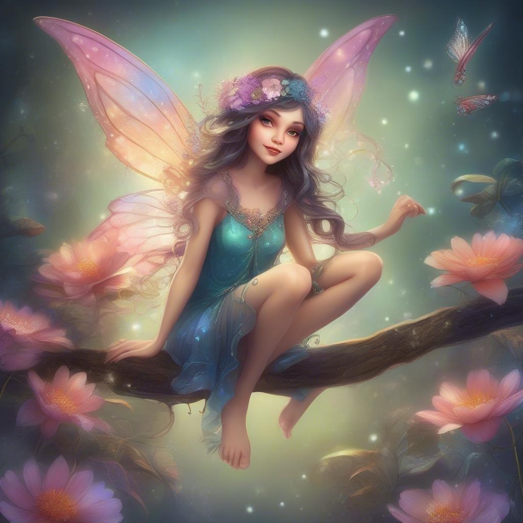 A fantastical cartoon fairy adorned with flowers, sitting on a branch. The artwork is whimsical and vibrant, perfect for wallpapers. Enjoy the magic of a dreamland with this enchanting character.