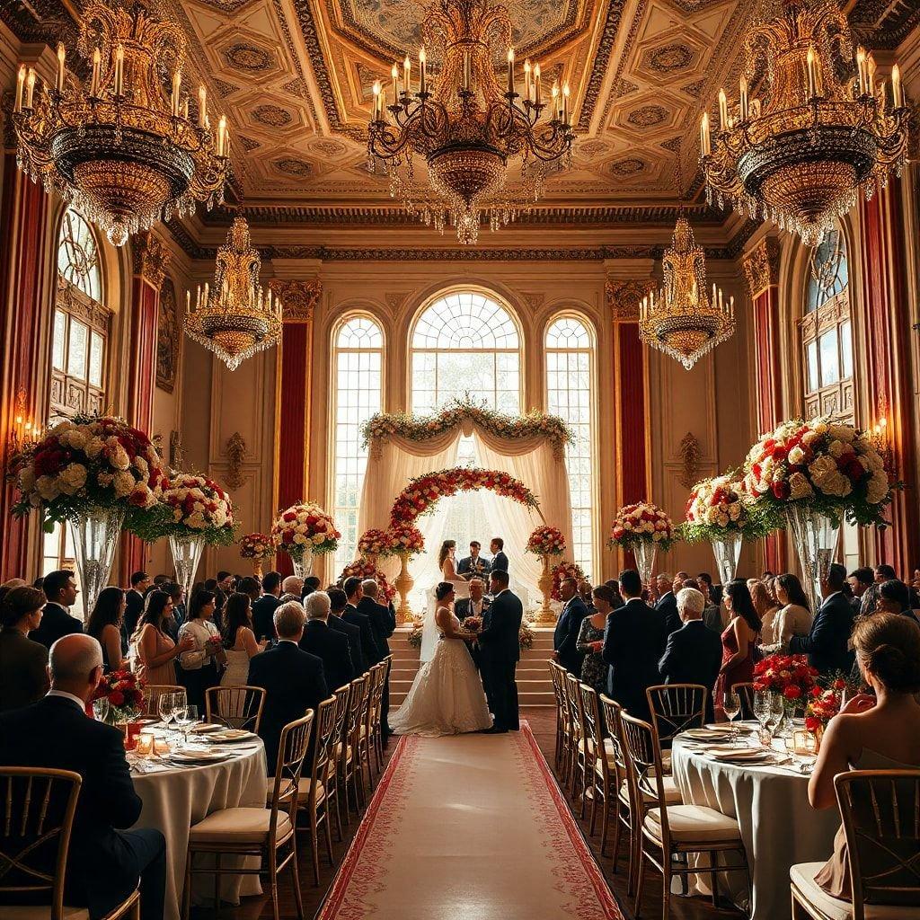 Sé testigo de la grandeza de una recepción de boda de lujo celebrada en un salón de baile lujoso, completo con candelabros y decoraciones ornamentadas. La novia y el novio se encuentran como el centro de atención en medio de la celebración con sus seres queridos.