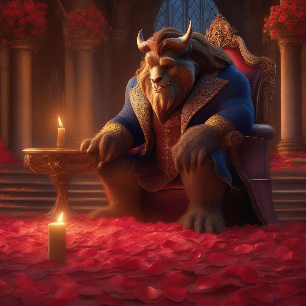 This captivating wallpaper features the Beast from Disney's Beauty and the Beast sitting in a chair surrounded by rose petals, exuding a sense of elegance and romance.