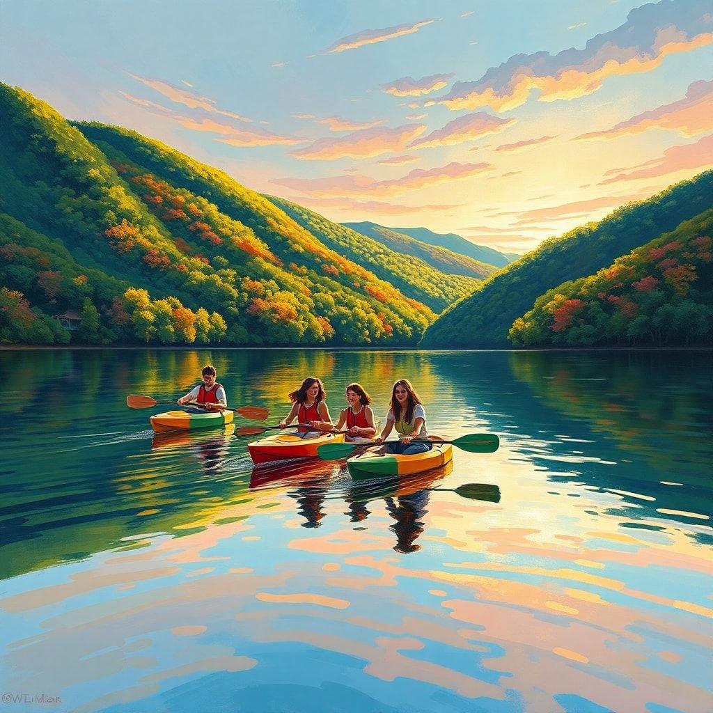 Enjoy the adventurous spirit with this vibrant wallpaper featuring four young women canoeing at sunrise or sunset in a picturesque river gorge. The colors of autumn trees reflect off the tranquil water, creating a serene and idyllic scene perfect for your desktop or mobile device.