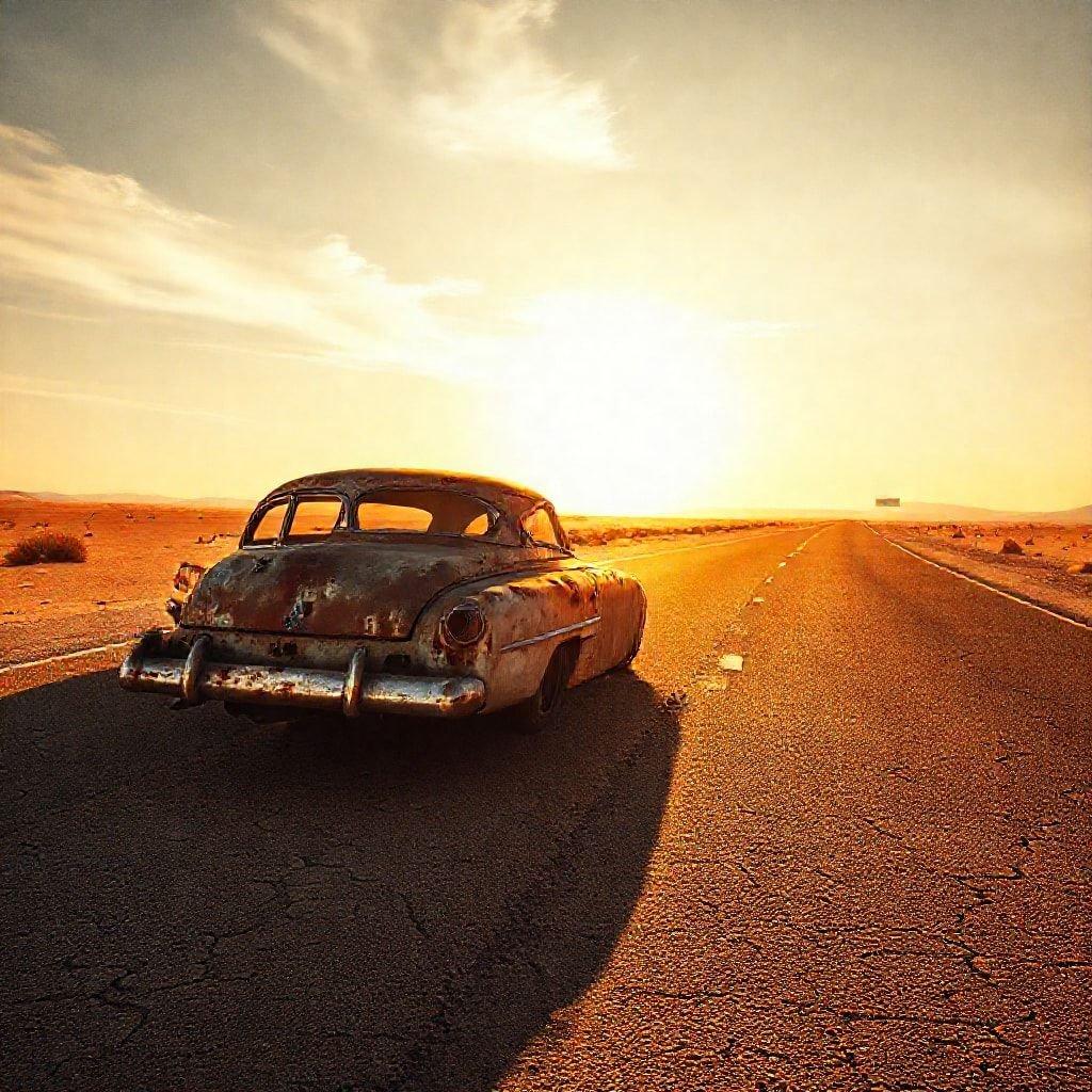 This wallpaper captures the essence of adventure and exploration, with an abandoned car standing alone in the vast expanse of the desert. The image evokes a sense of mystery and intrigue, inviting the viewer to ponder the story behind the car's journey.