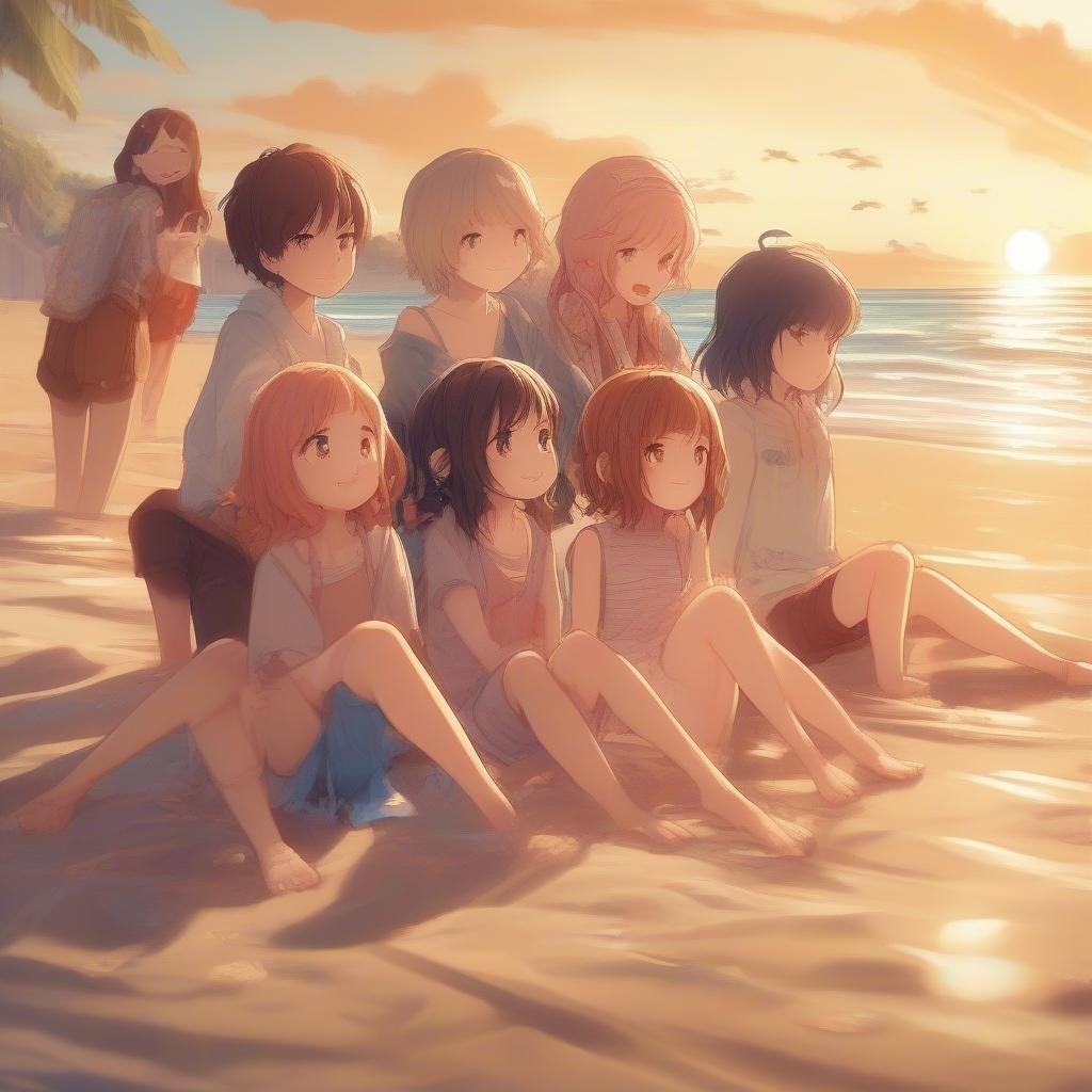 This anime wallpaper features a group of anime girls enjoying the beach. The scene is set during sunset, with the girls sitting on the sand, looking out at the ocean. The atmosphere is peaceful and serene, with the warm glow of the setting sun casting a golden light over the entire scene. The anime characters are depicted in a stylized and exaggerated manner, with large eyes and vibrant colors. The background of the image is a beautiful sunset over the ocean, with the sky painted in shades of pink, orange, and purple. The overall effect is one of tranquility and relaxation, inviting the viewer to step into the serene world of the anime characters.