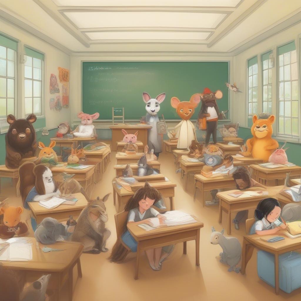 This vibrant wallpaper captures the essence of a classroom filled with anthropomorphic animals, all engaged in learning and education.