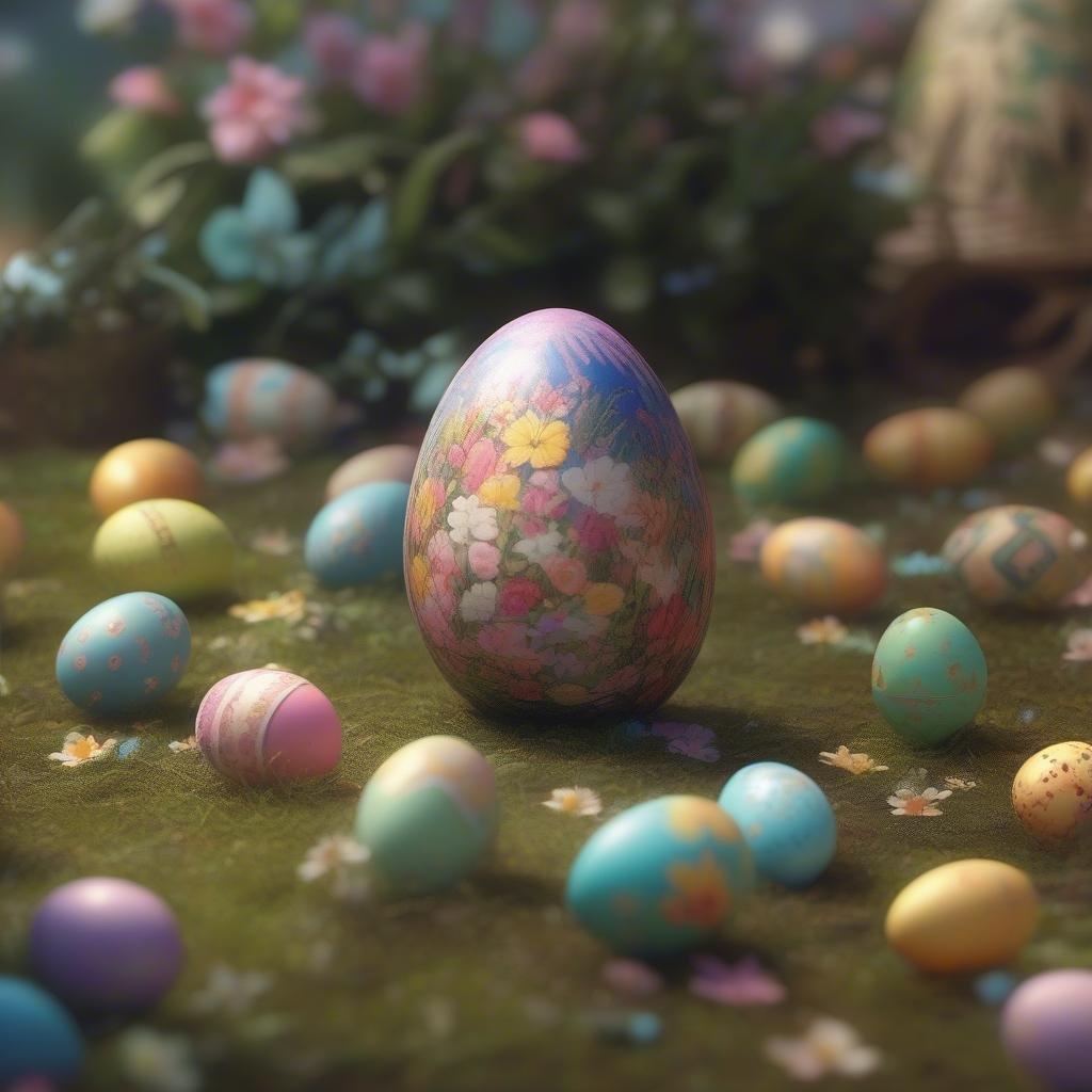 A colorful celebration of Easter, featuring an array of rainbow-colored eggs scattered around a decorated egg with a floral pattern.