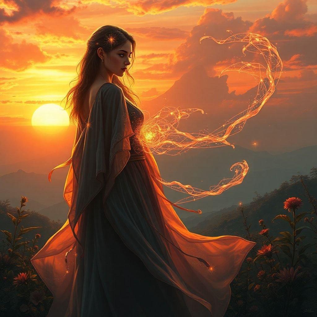 As the sun dips below the horizon, a mystical creature watches in wonder. The scene is set in a magical landscape where day becomes night under an orange sky. She stands amidst a field of flowers, their vibrant hues hinting at the change from warm to cooler days.