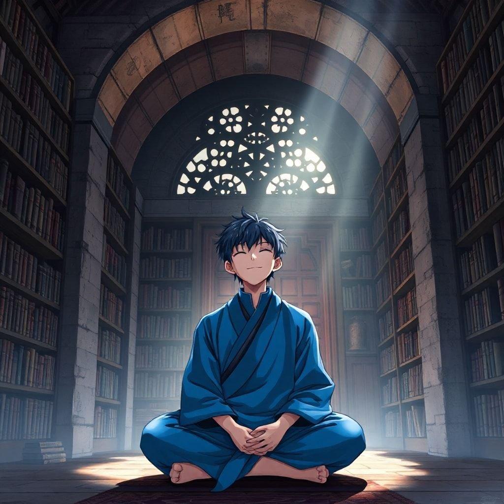 Immerse yourself in the serene world of this anime monk, surrounded by ancient tomes and mysterious architecture.