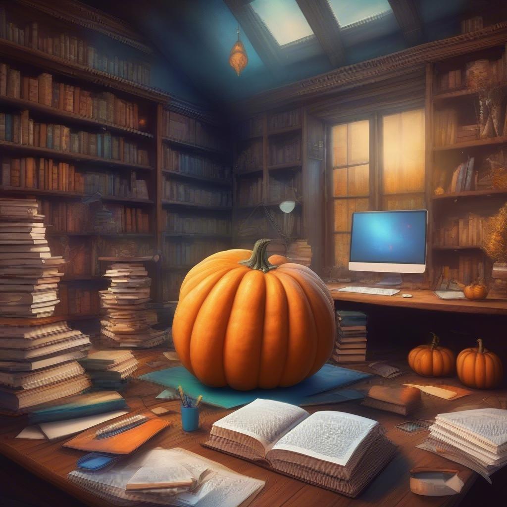 A cozy study scene with a festive touch, perfect for the Thanksgiving season.