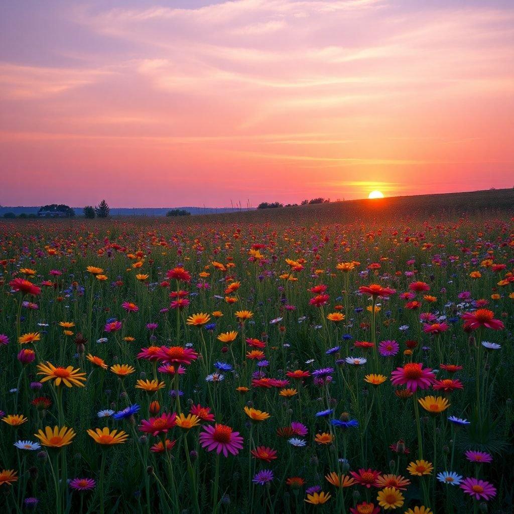 A breathtaking sunset field of flowers, perfect for desktop and mobile wallpapers.