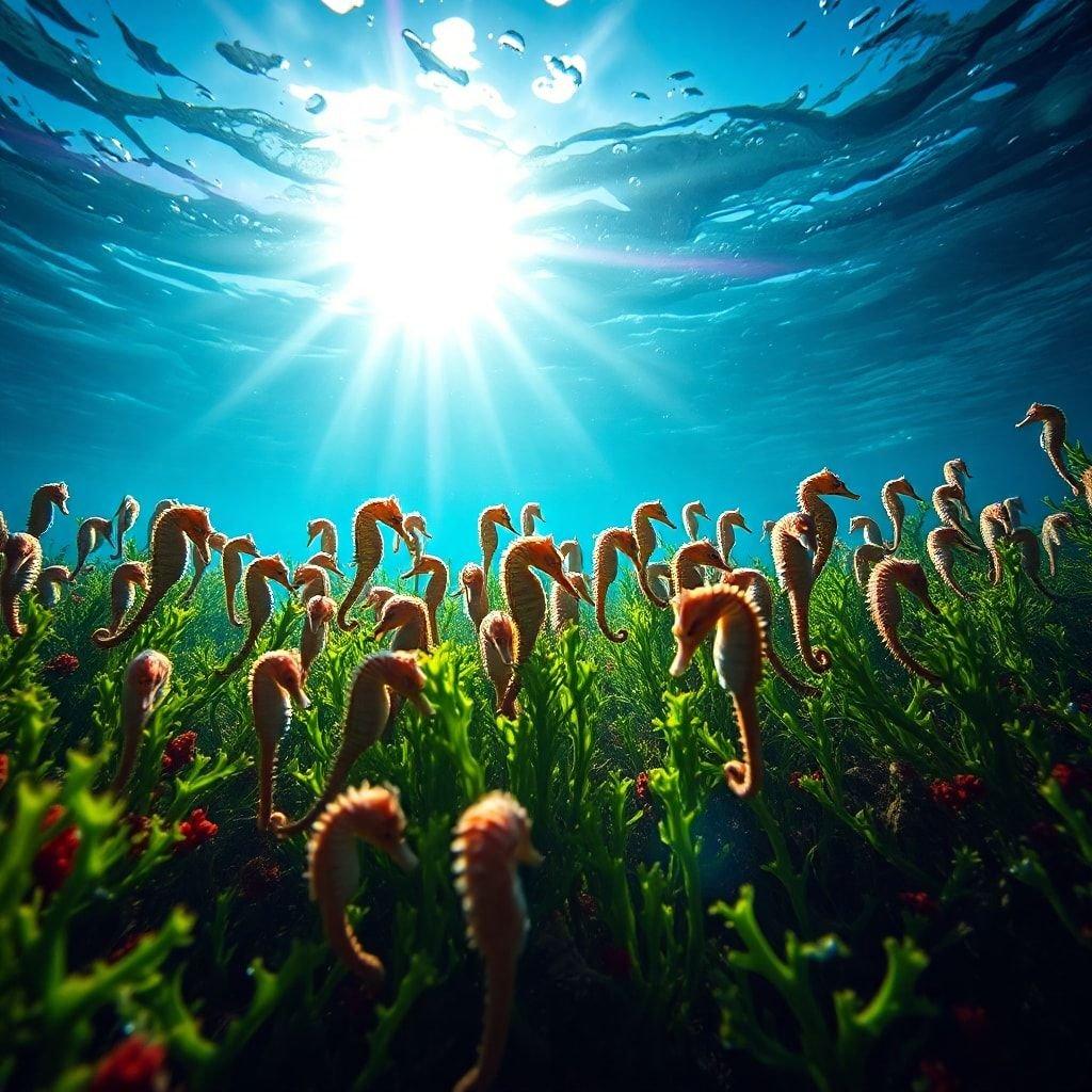 Sumérgete en el vibrante mundo de este impresionante fondo de pantalla submarino, donde una escuela de caballitos de mar nada entre un caleidoscopio de corales y algas, creando una escena hipnotizante que te transportará a un país de maravillas oceánicas.