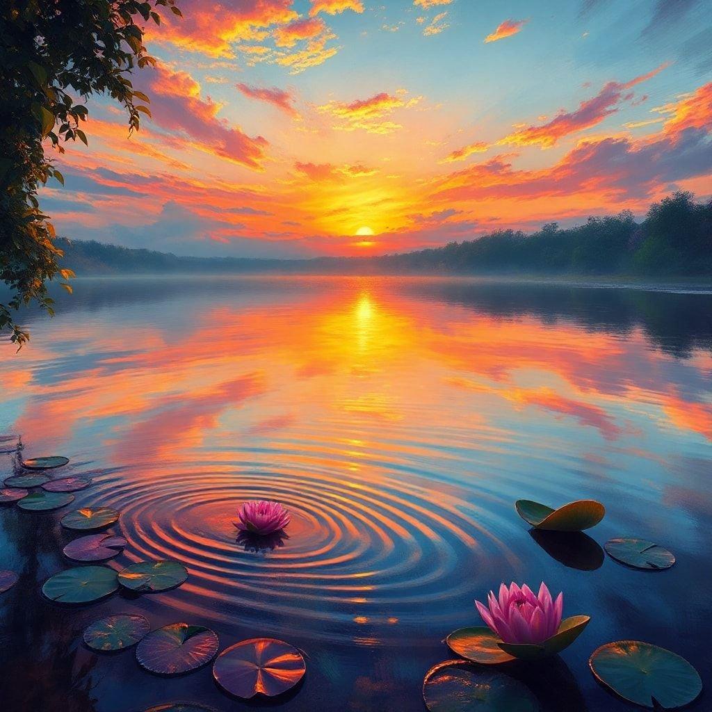 A serene sunset over a tranquil lake, with misty lily pads floating on the water surface.