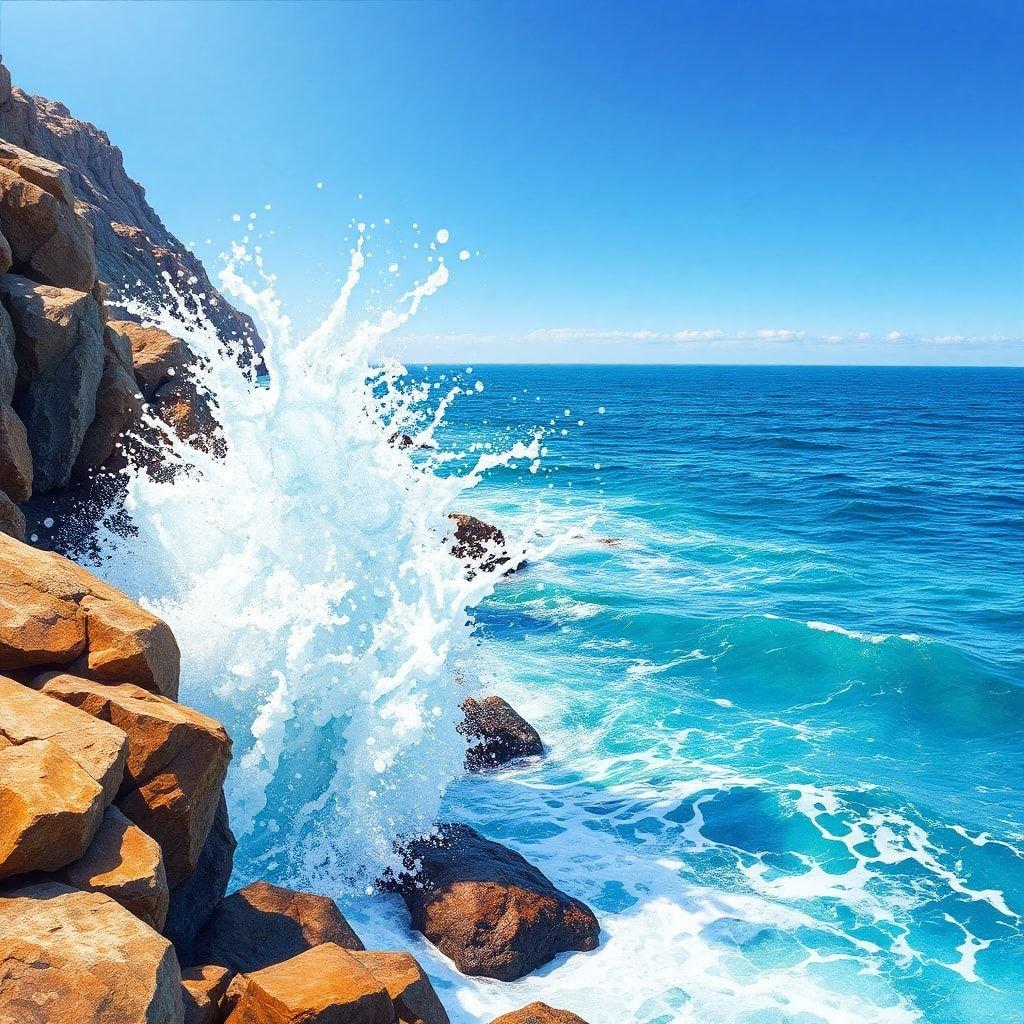 An invigorating scene from the ocean where waves crash against jagged rocks, showcasing the raw power and beauty of nature.