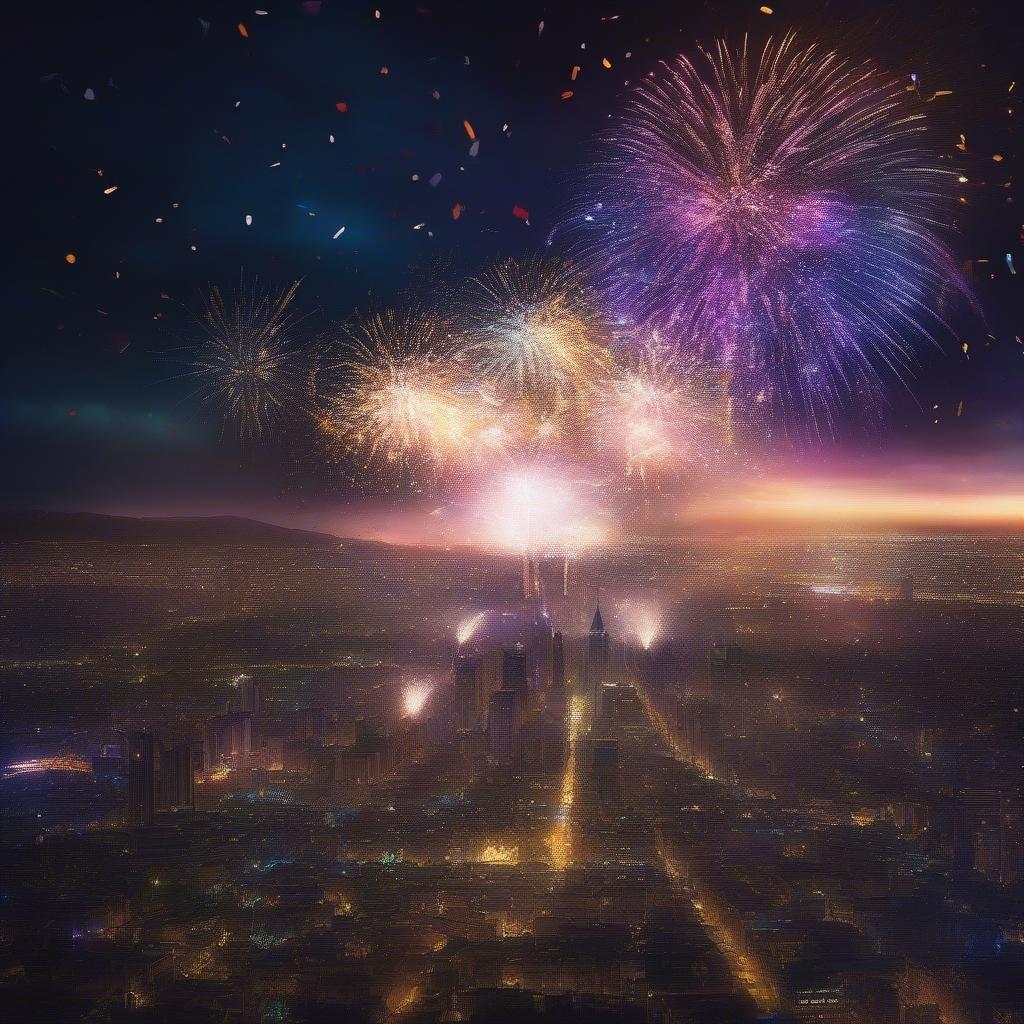 A bustling city skyline celebrates with vibrant fireworks lighting up the night sky.