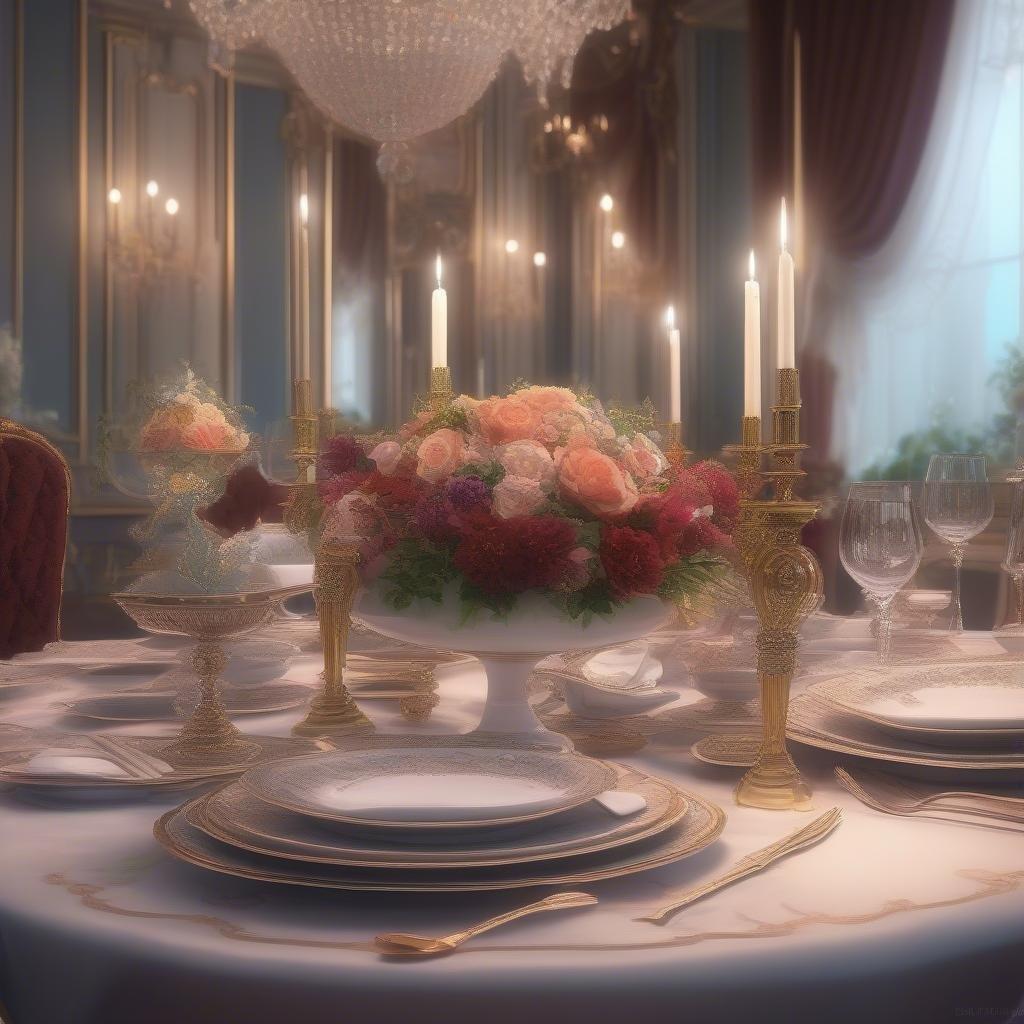 This luxurious scene captures the elegance of a royal dinner party. The table is adorned with exquisite silverware, intricate plates, and beautifully arranged flowers that add an air of sophistication to the occasion.