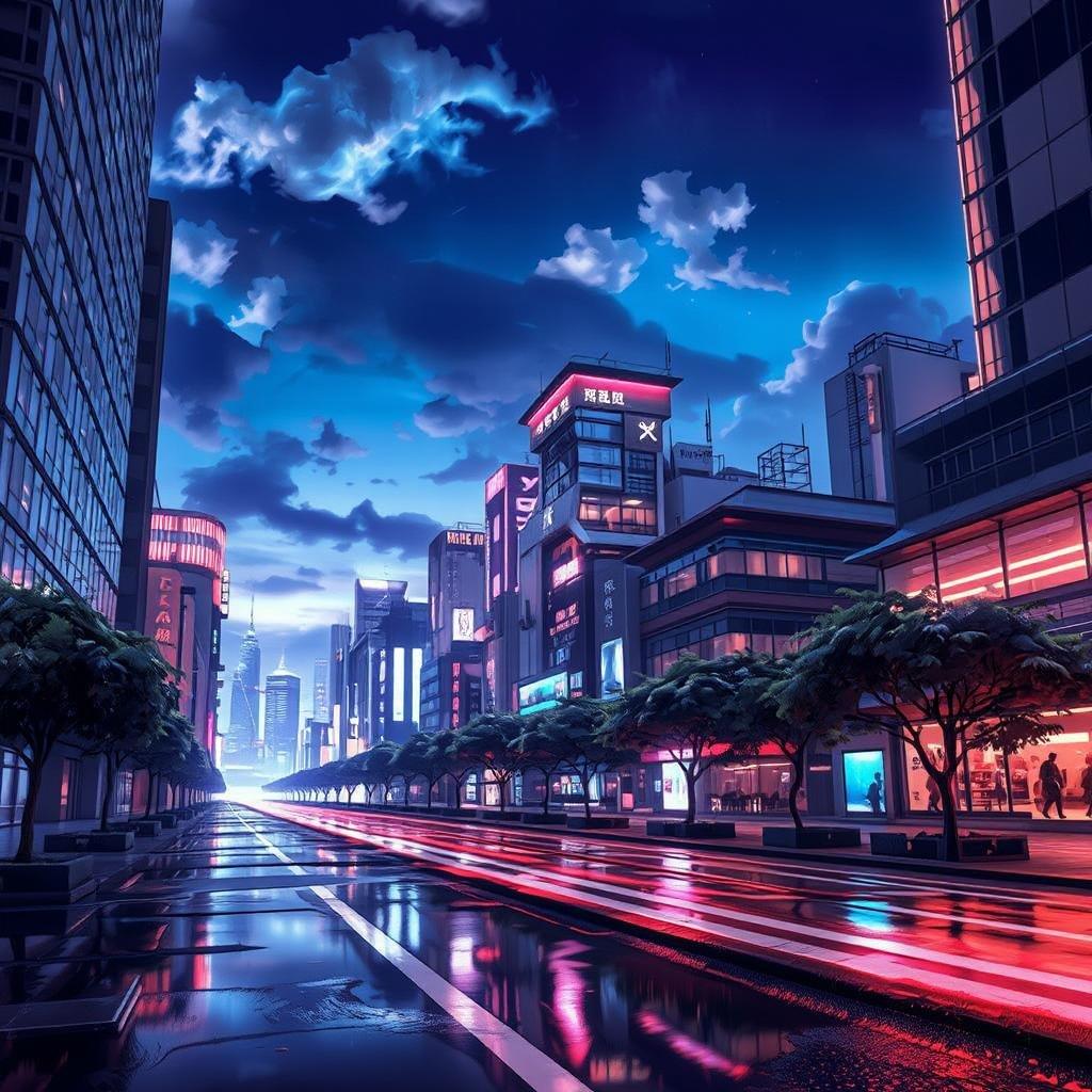 Este fondo de pantalla de paisaje urbano de anime es una ilustración digital de una ciudad futurista con luces de neón reflejándose en el pavimento mojado. La calle está bordeada de altos edificios y hay muchos árboles pequeños frente a ellos. El cielo arriba es de un azul profundo, con algunas nubes esparcidas. Los reflejos de las luces de neón crean un estilo anime. La escena es una mezcla de arquitectura moderna y tradicional.