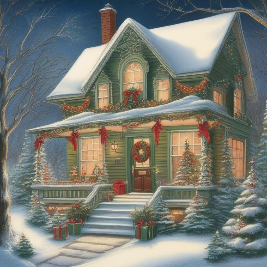 A festive two-story house with red ribbons and wreaths adorning the roof, snow on the ground, and a warmly lit front door welcoming in the winter holiday season.