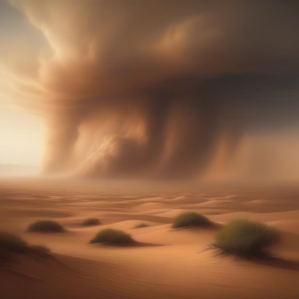 Ett dramatiskt ökenlandskap med en tornande sandstorm. Bilden fångar intensiteten och skönheten i naturen i en torr miljö.