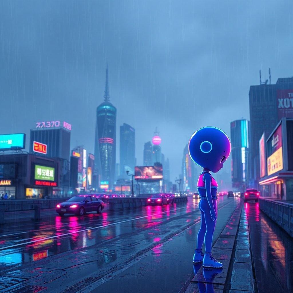 This anime wallpaper features a stunning cityscape at dusk, with a digital illustration of a character with neon lights reflecting off the wet pavement. The character's unique design, with a large, round head and a mix of blue, purple, and pink hues, adds a touch of personality to the scene. The blurry, dark gray sky in the background creates a sense of depth and atmosphere, making this image perfect for desktop and mobile use.