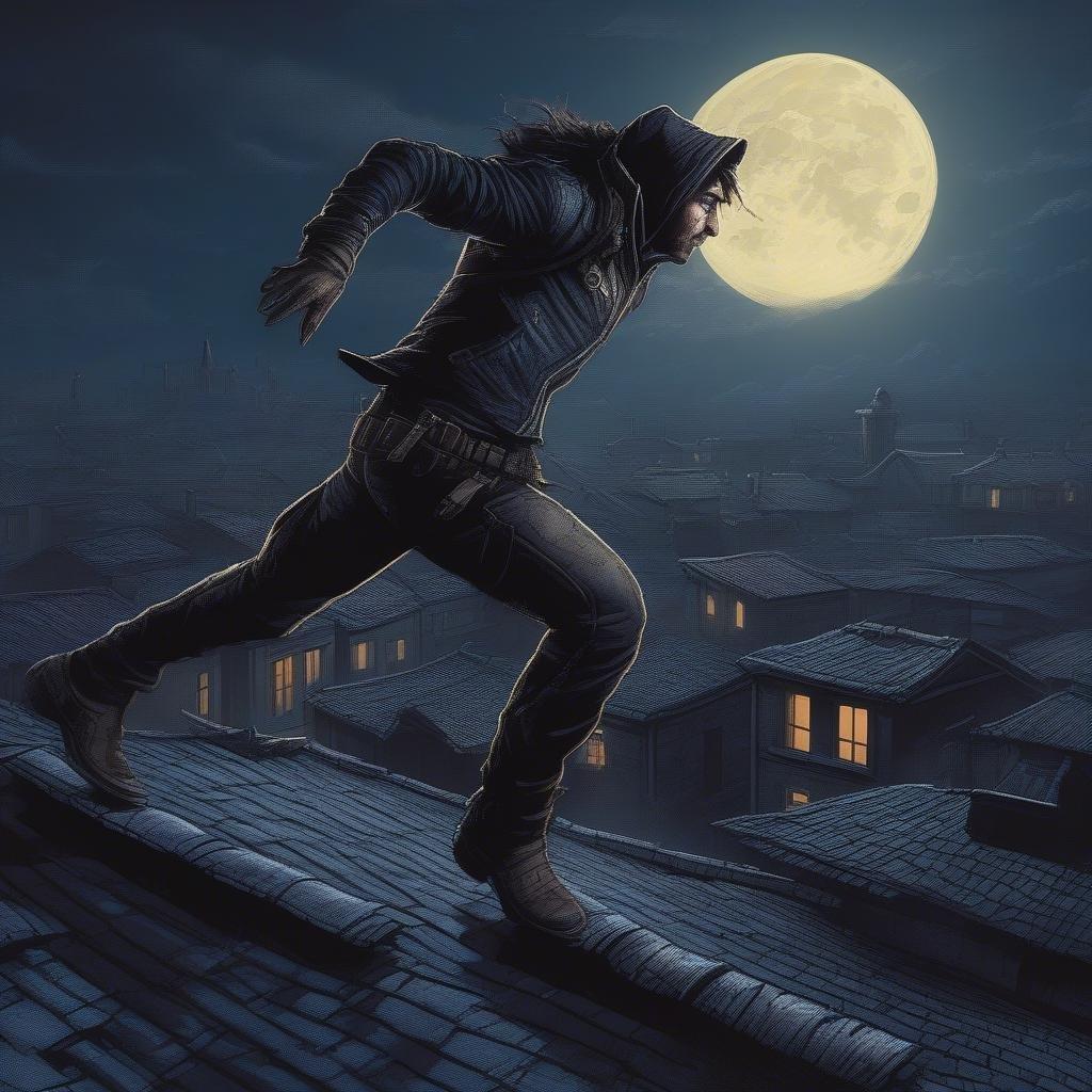 This wallpaper features a mysterious figure in a dark hooded cloak leaping across a rooftop under the light of a full moon, evoking the sense of a fantasy character from a video game or comic book.