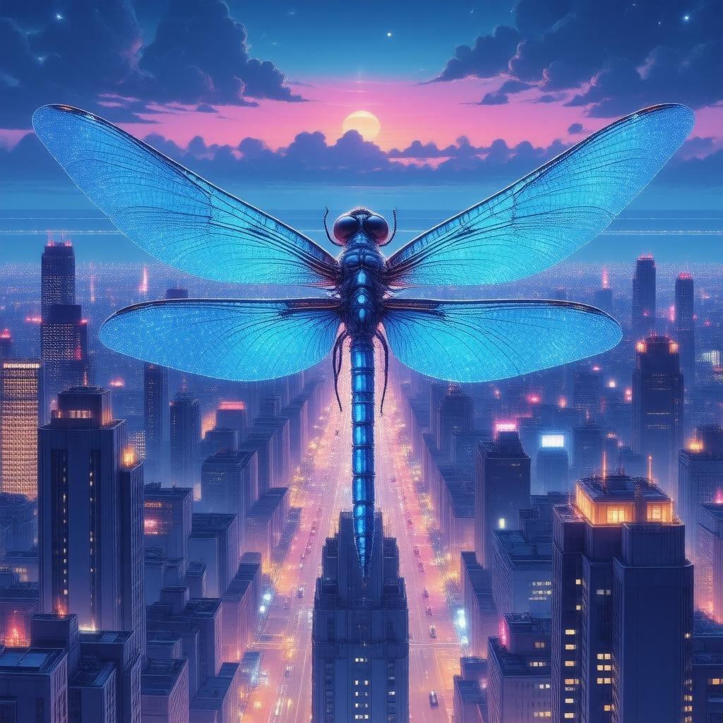 A dynamic digital artwork set in a futuristic metropolis at dusk. The scene is awash with neon lights, casting an otherworldly glow on the city's towering skyscrapers. At the heart of the image sits a magnificent dragonfly, its wings a striking blue, symbolizing flight and freedom. The backdrop transitions from a deep purple sky at the horizon to a soft pink as it stretches towards the top of the image. This artwork captures the blend of nature's beauty with urban futurism.