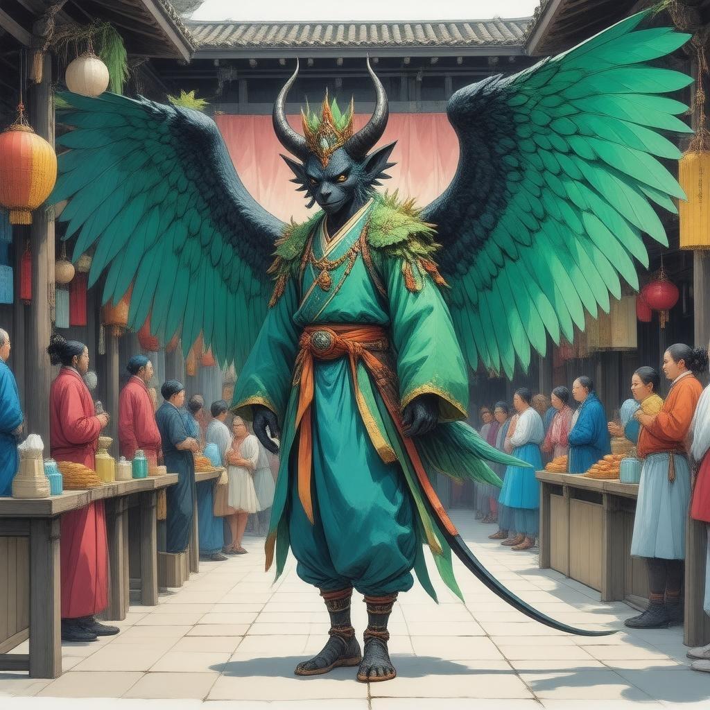 This anime illustration features a winged oni demon standing on a stall in a bustling marketplace, surrounded by colorful characters and a large bird perched on its head. The demon's vibrant green and blue outfit, adorned with a crown of feathers and a crown of leaves, adds to the sense of motion and mystery.