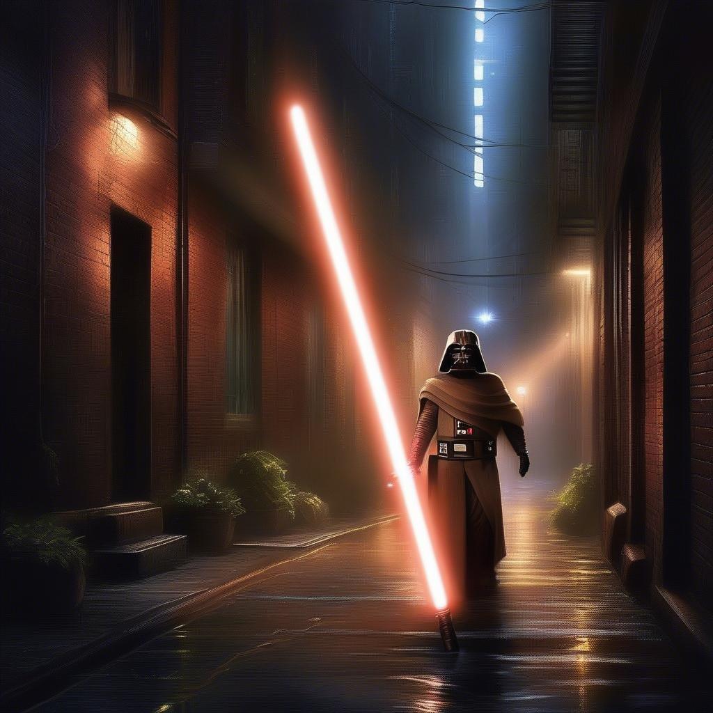 A lone Sith Lord strides down a rain-soaked alley in his quest for power.