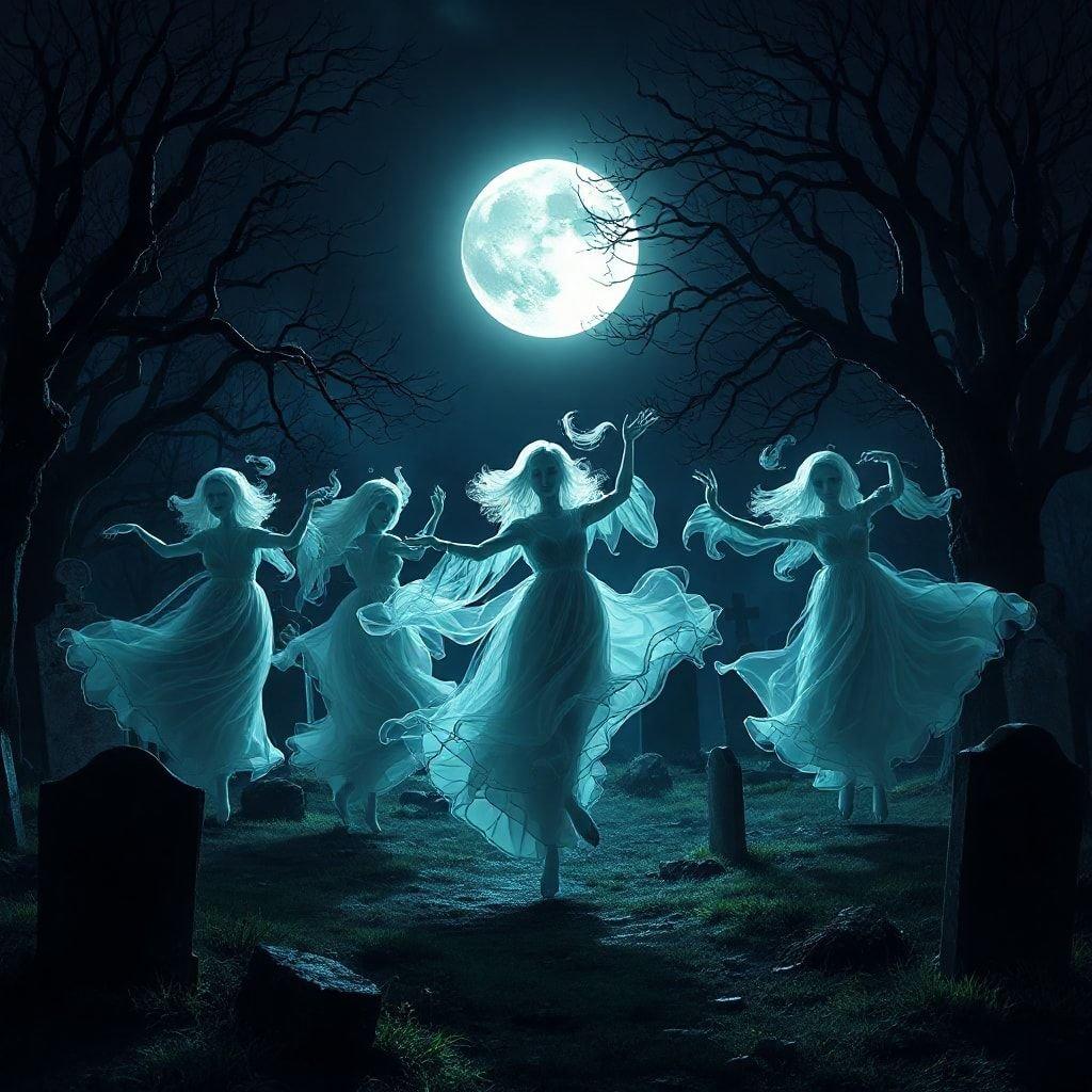 This spooky Halloween wallpaper features a group of ghostly women dancing in a graveyard at night. The image is set against a dark and eerie background, with bare trees and tombstones adding to the haunting atmosphere. The ghostly women are dressed in flowing white gowns and appear to be dancing in a circle, their faces obscured by the darkness. The overall effect is one of ethereal beauty and supernatural mystery, making this wallpaper perfect for fans of Halloween and the paranormal.