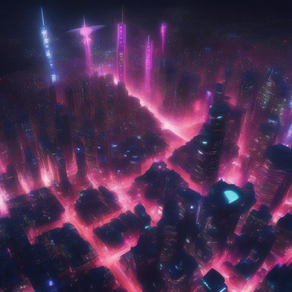 This stunning image captures the essence of a futuristic city, with its sleek skyscrapers and vibrant neon lights. The pink and purple hues give the scene a unique and captivating atmosphere, making it perfect for fans of dystopian or sci-fi worlds.