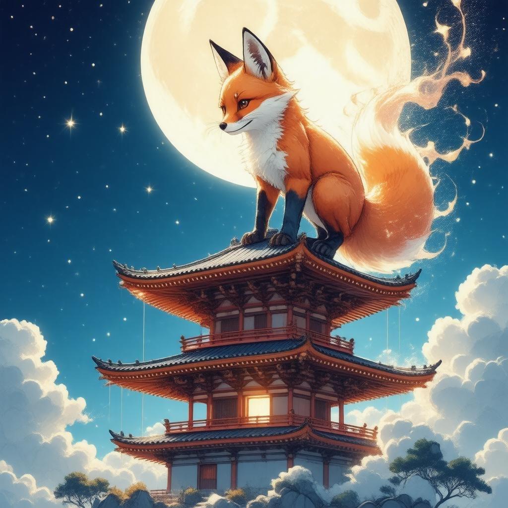 Immerse yourself in the mystical world of anime with this captivating illustration of a fox spirit perched atop a pagoda, surrounded by a serene and magical atmosphere.