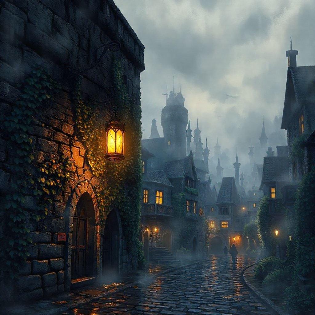 Step into a world of fantasy and mystery with this captivating medieval castle town wallpaper. The glowing lantern casts an eerie glow on the surrounding buildings, creating a sense of enchantment and wonder.