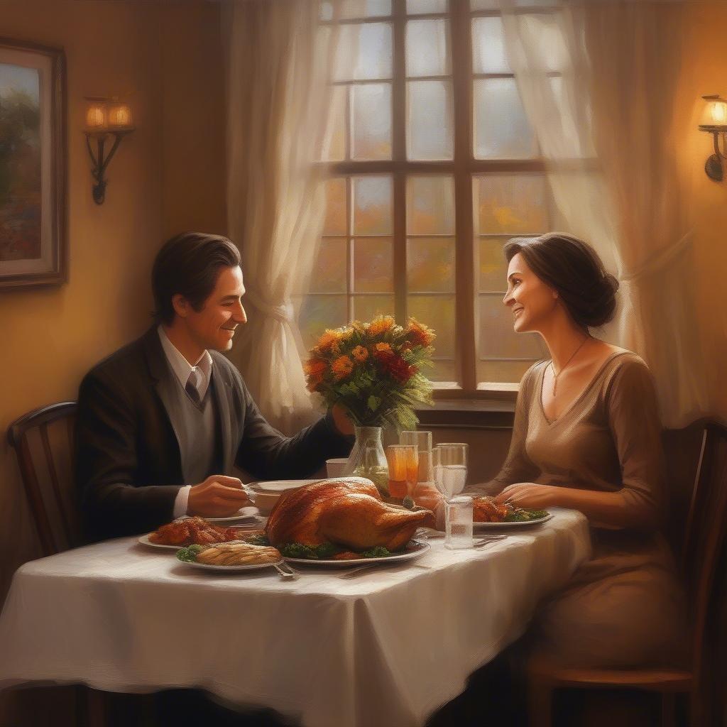 A man and woman share a warm smile, enjoying their Thanksgiving meal. They are surrounded by the cozy ambiance of a festively set dining table with plates of turkey and autumn decorations.