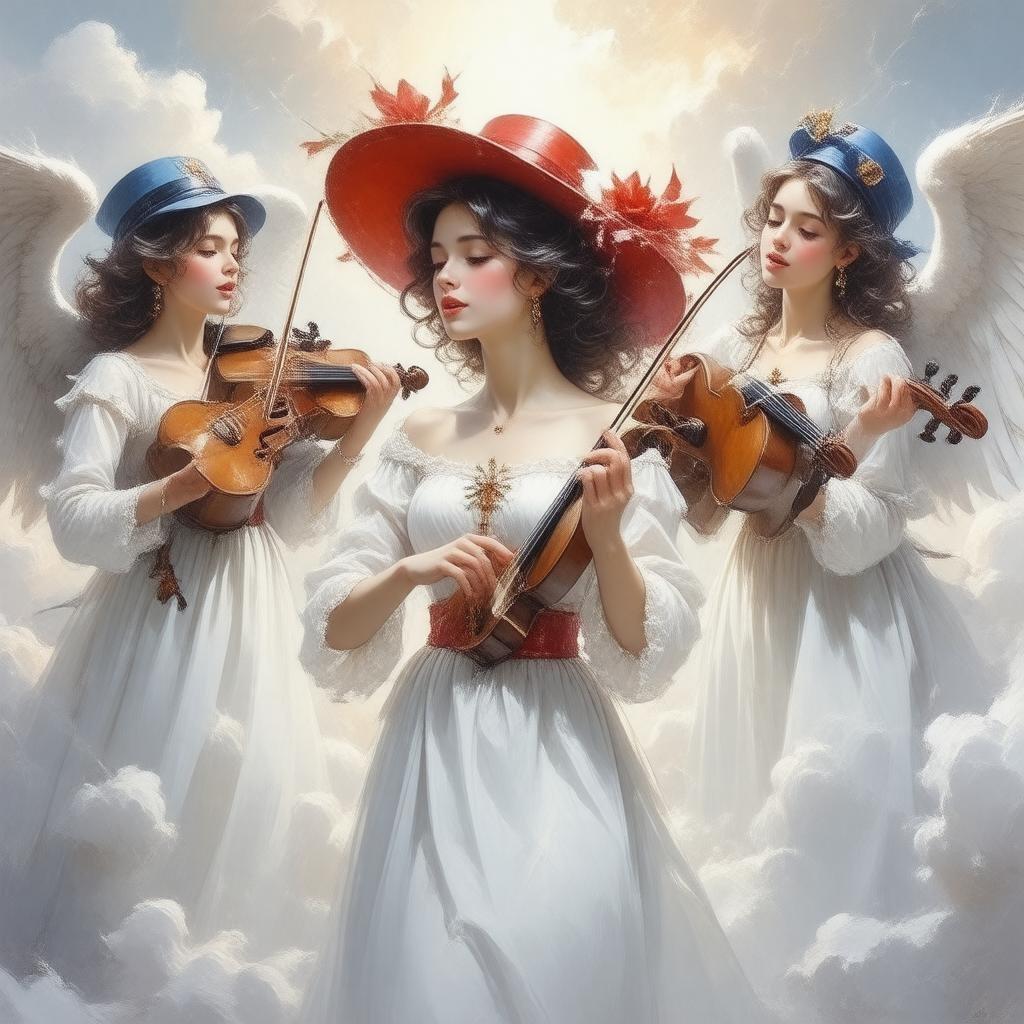 A group of angels playing violins in harmony, surrounded by a mystical cloud-like background. The central figure is distinguished with her unique red hat and blue hair, while the others radiate grace and serenity.