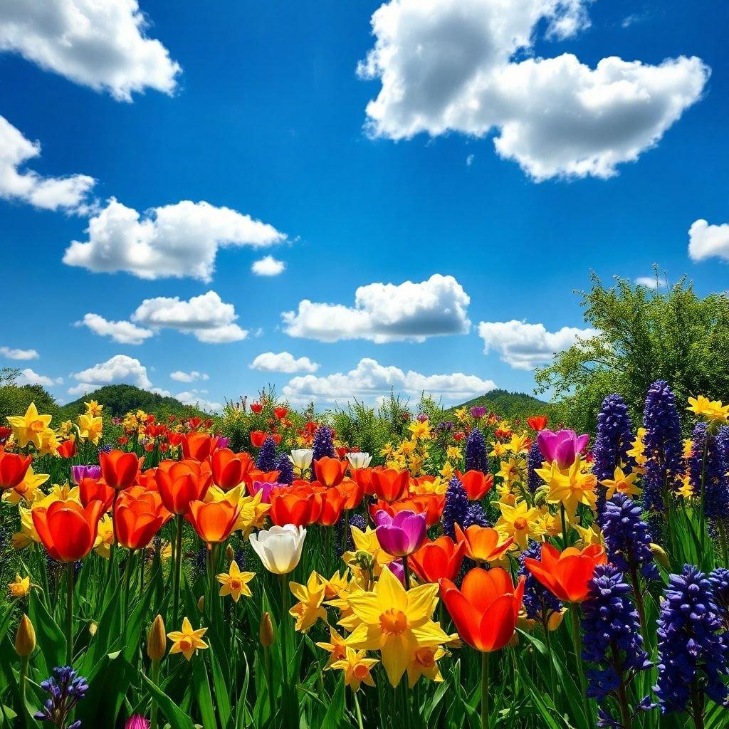 A beautiful field of flowers under a blue sky with white clouds.