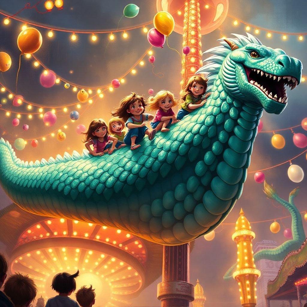 A group of children enjoy a thrilling ride on a dragon-shaped carousel at the carnival, surrounded by colorful balloons and string lights.