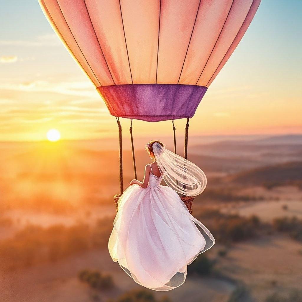 A newlywed couple enjoying their adventurous honeymoon in a hot air balloon at sunset.