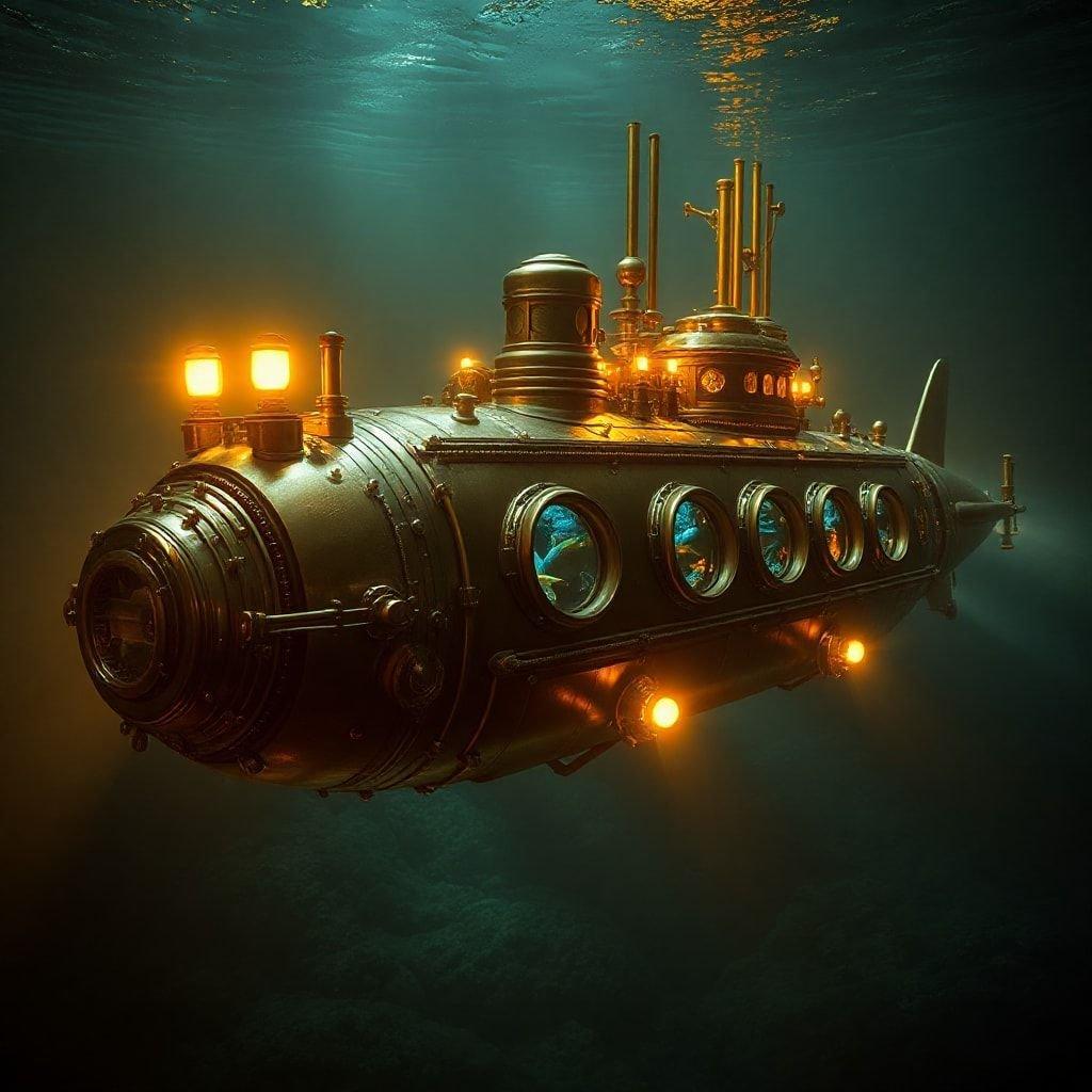 A vintage-style submarine descends into the depths, evoking a sense of nostalgia and adventure.