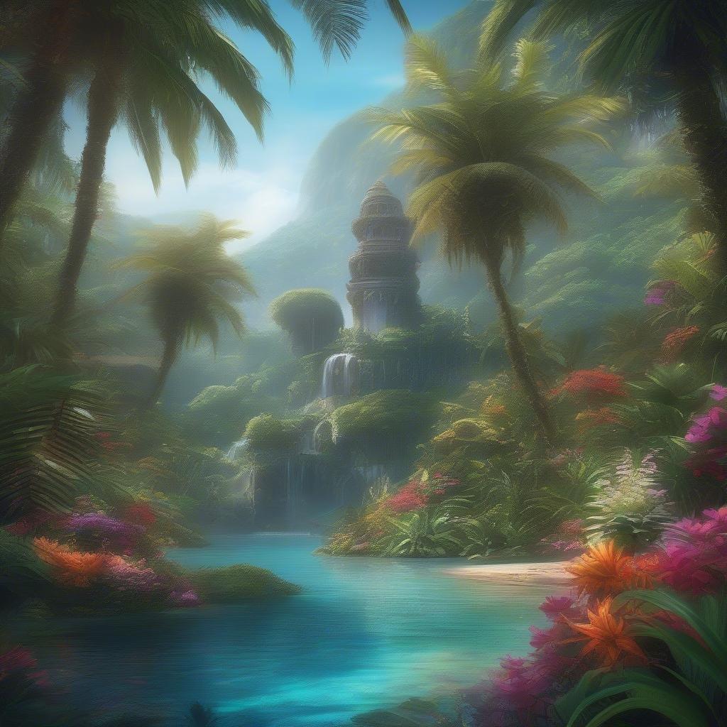 A serene tropical island hidden by the jungle, featuring a waterfall, temple ruins, and vibrant flora. Perfect for desktop or mobile wallpaper.