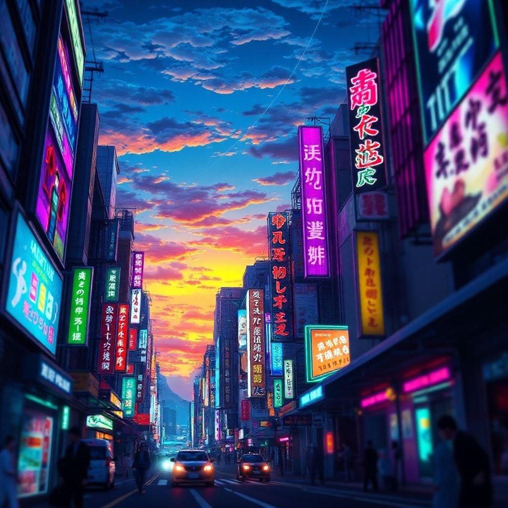 Immerse yourself in the vibrant world of anime with this stunning digital illustration of a Tokyo street at dusk. The towering neon signs, dark background, and bright yellow light create an anime-like effect that transports you to a world of fantasy and adventure.