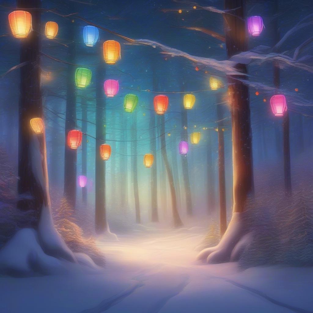 A magical winter forest bathed in the glow of colorful lanterns, leading the way to a festive celebration.