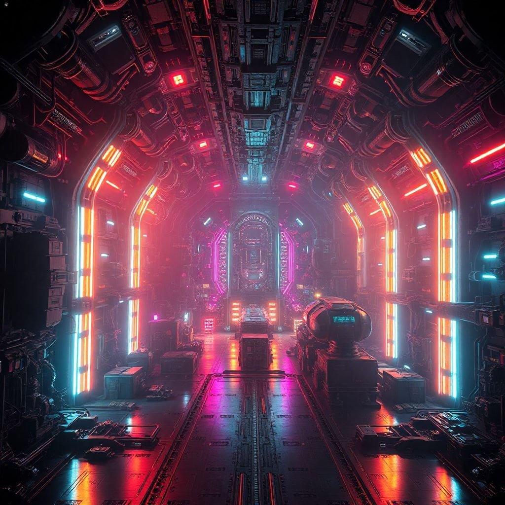 Walk through the futuristic corridors of a space station, with neon lights and intricate machinery. Is this wallpaper suitable for both desktop and mobile devices? Absolutely! Add a touch of sci-fi to your device's background.