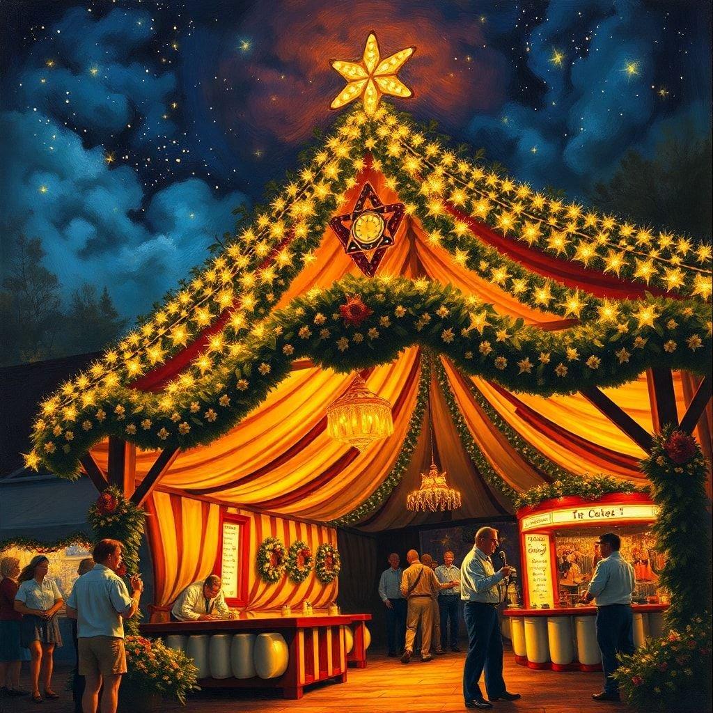 A festive night market scene with visitors enjoying traditional food, drinks, and holiday decorations at a tented event.