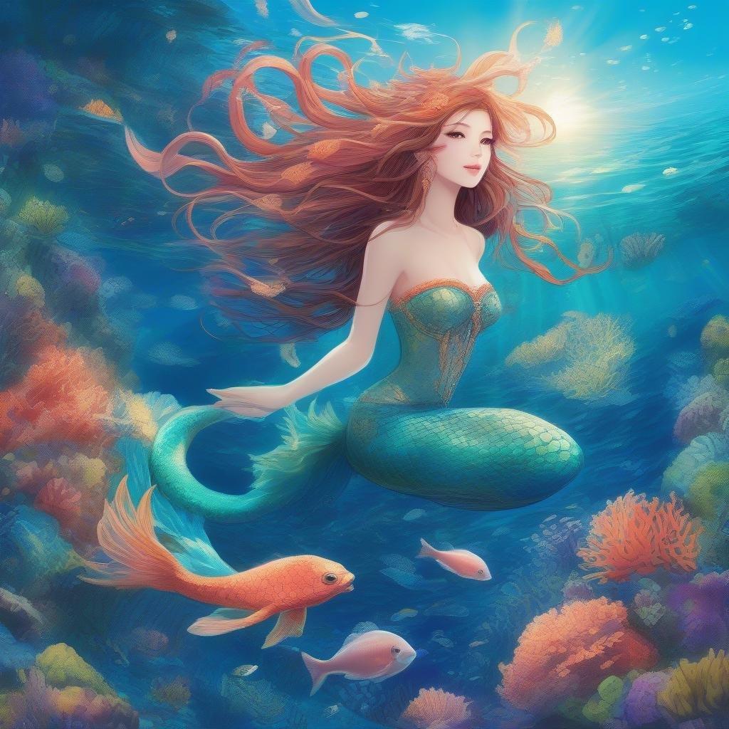 Immerse yourself in the enchanting world of anime with this captivating mermaid wallpaper, featuring a stunning mermaid riding a sea serpent through a vibrant coral reef, set against a detailed and colorful underwater backdrop.