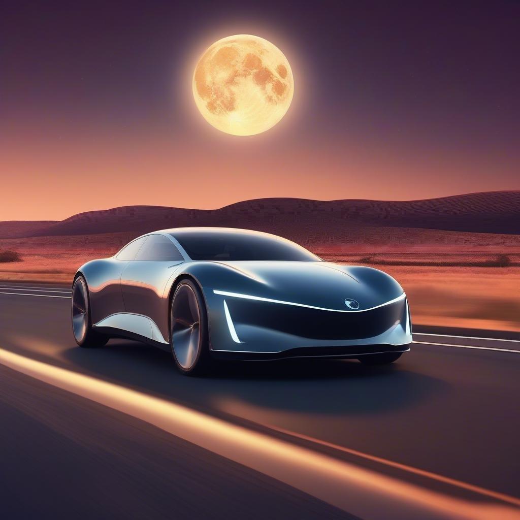 This stunning wallpaper features an electric car driving on a road under the moonlight, showcasing the beauty of modern transportation and the serenity of a nighttime drive.