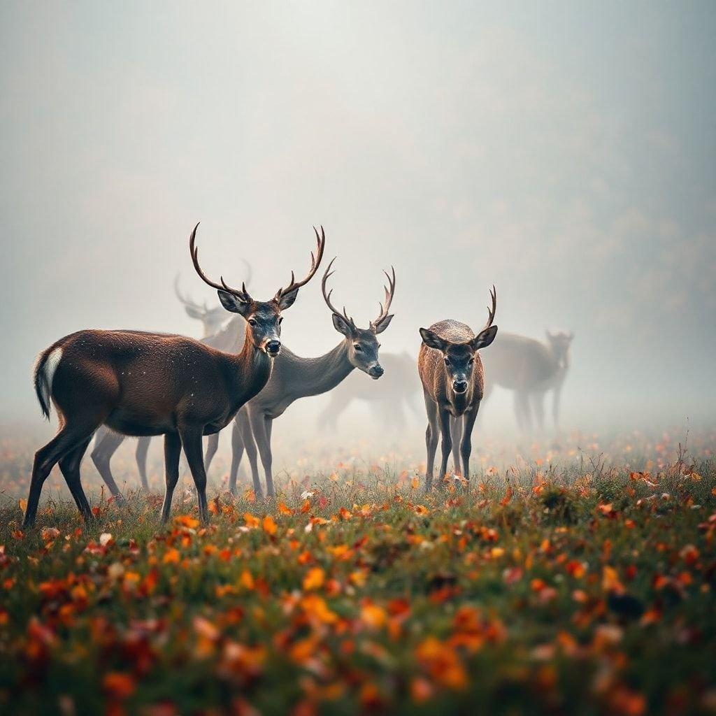 This serene image captures a group of deer grazing peacefully in a lush meadow, surrounded by vibrant green grass and colorful wildflowers. The soft sunlight casts a warm glow over the scene, creating a sense of tranquility and harmony with nature.