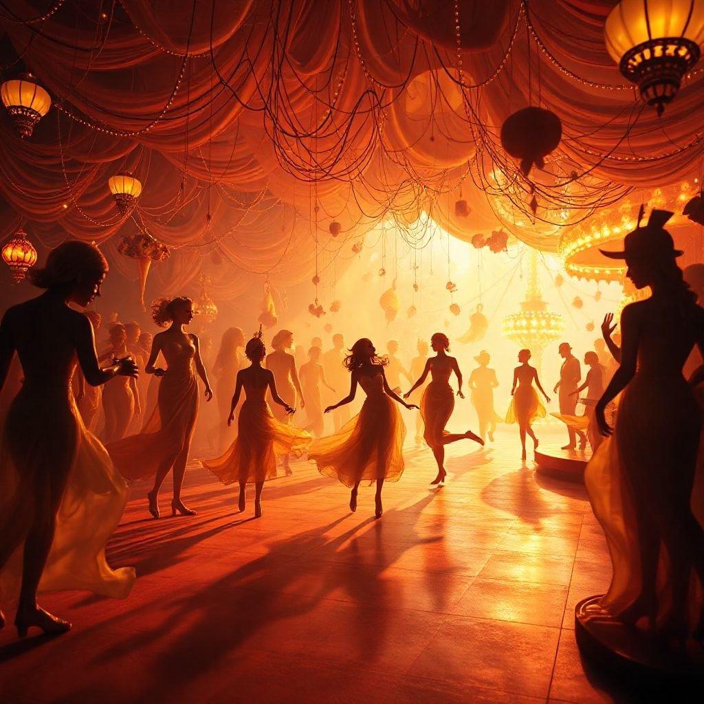 A lively scene from a grand ballroom, filled with the elegance and charm of carnivals. The twinkling lights on the ceiling cast a warm glow over dancers in vibrant dresses, swaying to music that fills the air. The image captures the joy and excitement of a carnival night, where everyone is caught up in the rhythm and spirit of the event.