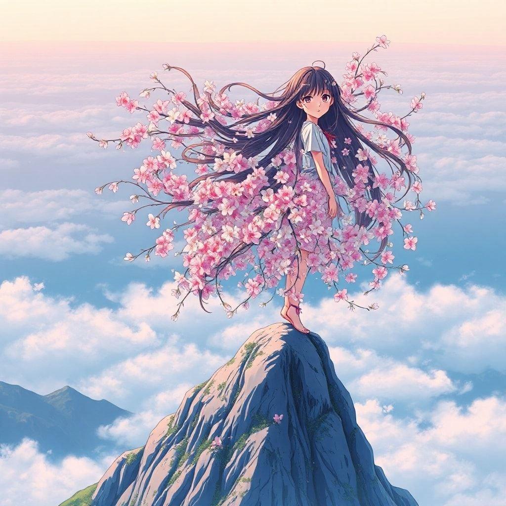 Un'illustrazione anime sorprendente di una giovane ragazza in piedi sulla cima di una montagna, i suoi capelli sono una cascata di fiori rosa e bianchi. Lo sfondo, un cielo nebbioso, aggiunge mistero e intrigo alla scena.