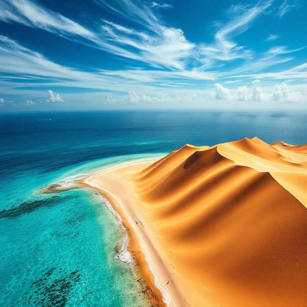 This image captures the breathtaking beauty of a desert oasis nestled by the ocean. The golden sand dunes stretch towards the horizon, meeting the turquoise waters of the ocean in a stunning display of natural wonder. The sky above is a brilliant blue, dotted with wispy clouds that add to the serene atmosphere of the scene.