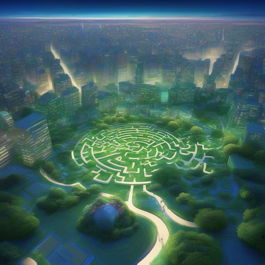 Immerse yourself in the vibrant world of anime with this stunning cityscape featuring a maze-like garden, reflecting the city's dynamic energy. The serene foreground and distant skyline create a sense of depth, while the blue and green hues evoke a sense of wonder and imagination.